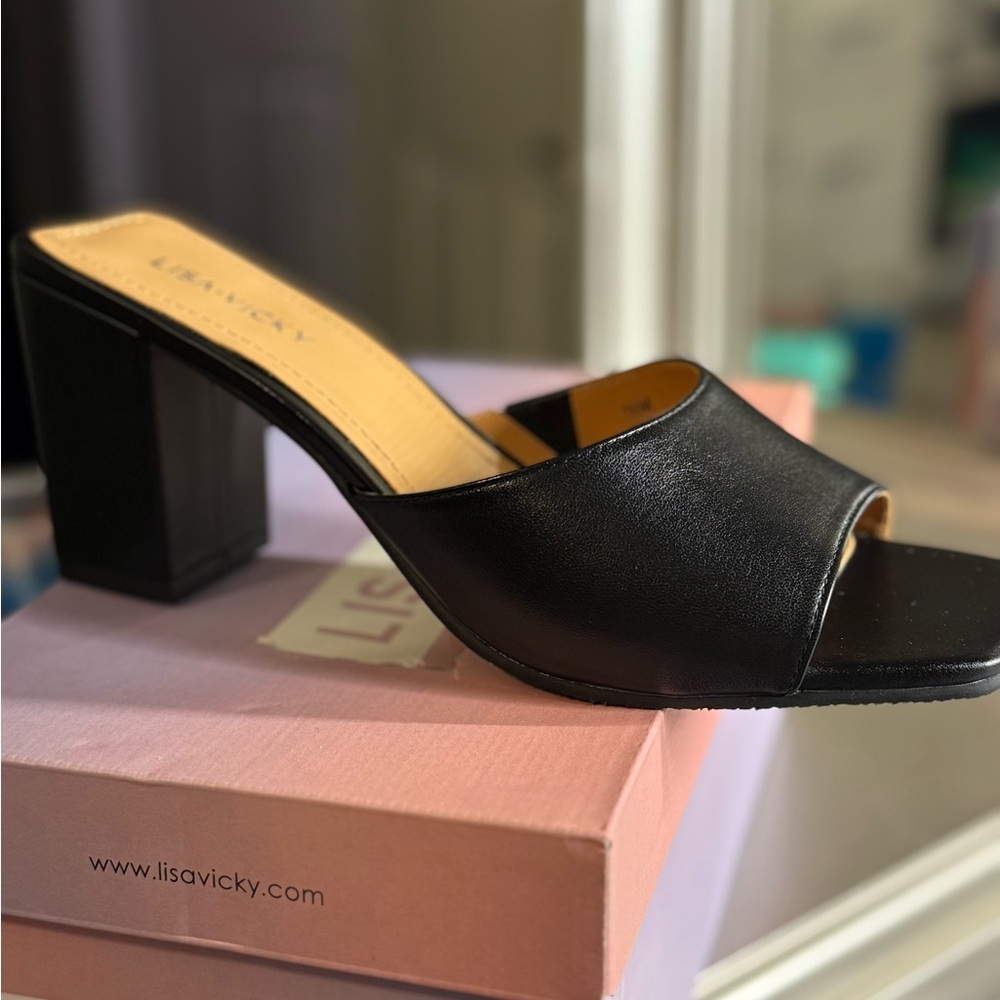 Black Block Heel Mules with Peep-Toe Design